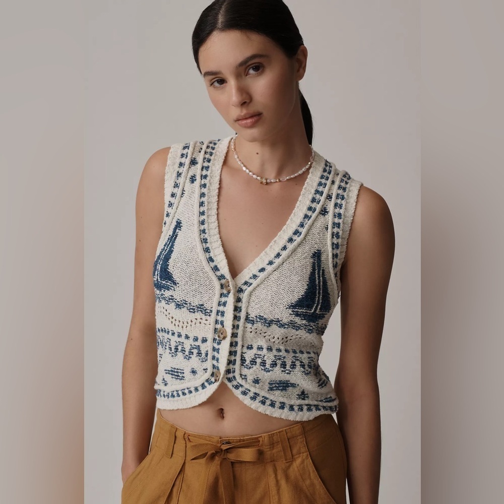 NWT! Pilcro V-Neck Sailboat Motif Cardigan Sweater Vest